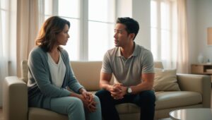 Emotionales Gespräch als Teil einer Paartherapie-Sitzung zu Hause.