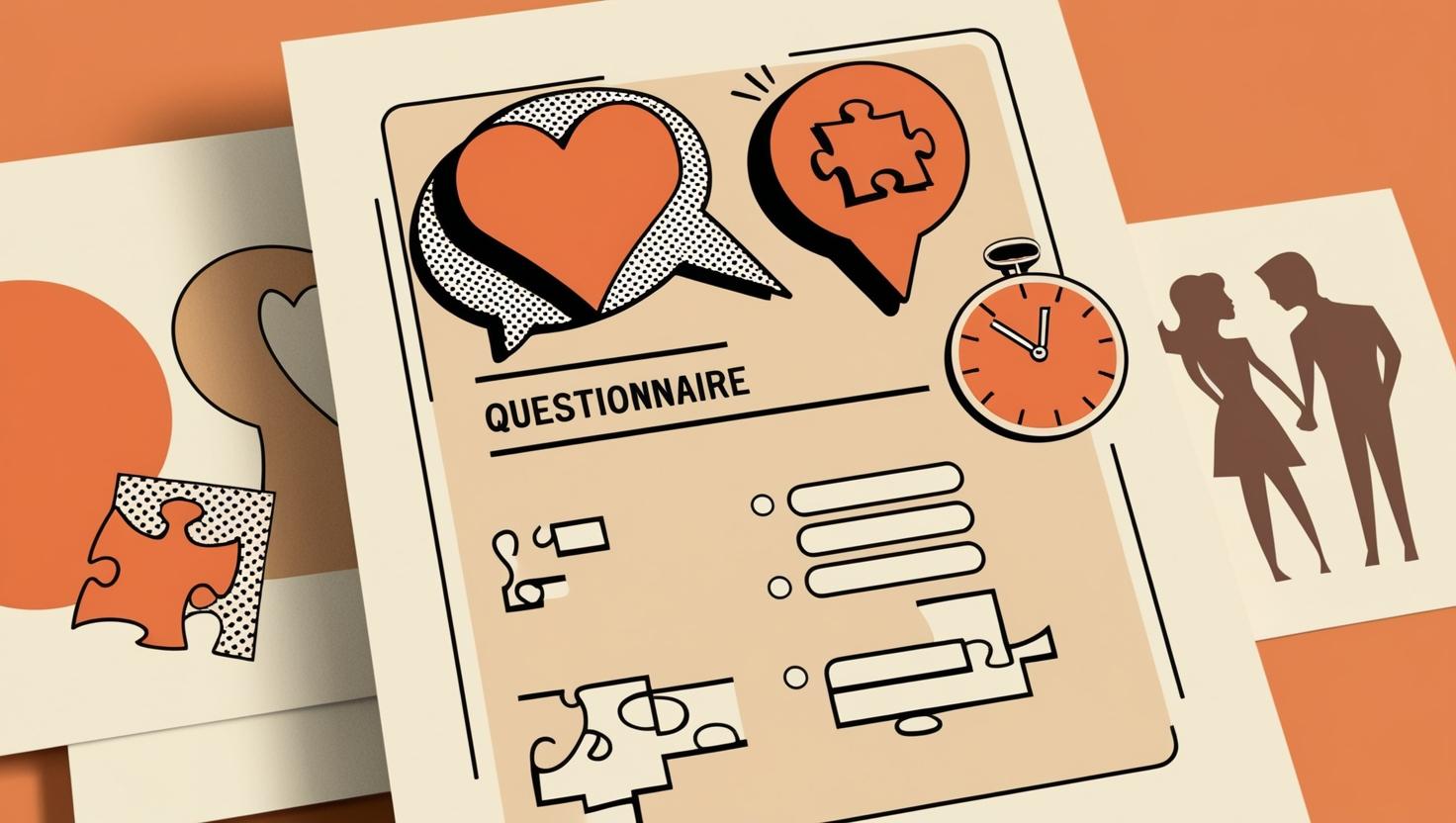 Illustration eines Beziehungstests mit Symbolen für Kommunikation, Vertrauen und Nähe
