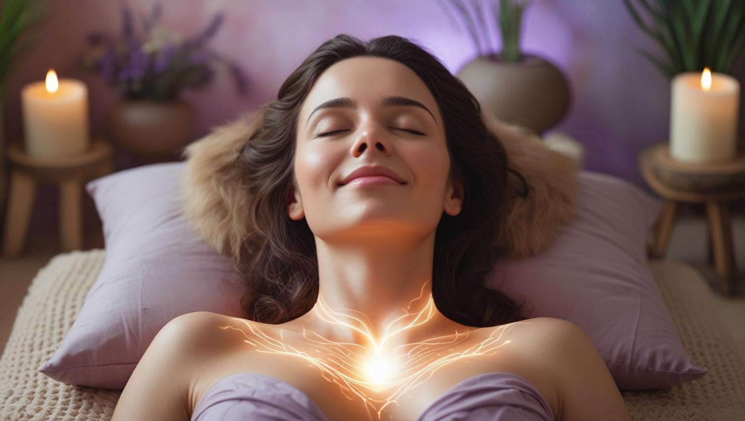 Frau in heilender Atmosphäre, energetische Heilung des Unterleibs, emotionale Transformation